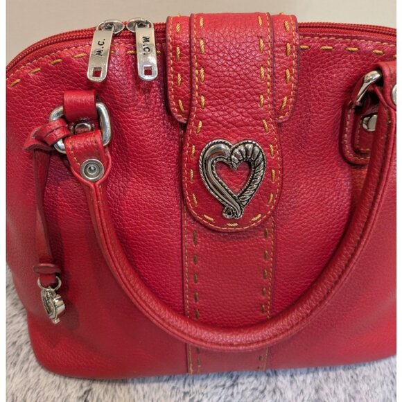 M.C. Satchel Double Top Handles Handbag Pebbled Red Vegan Leather Heart Charm - Picture 3 of 15